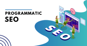 Illustration showing the concept of programmatic SEO with people analyzing graphs and data on a large screen, standing on the letters "SEO"