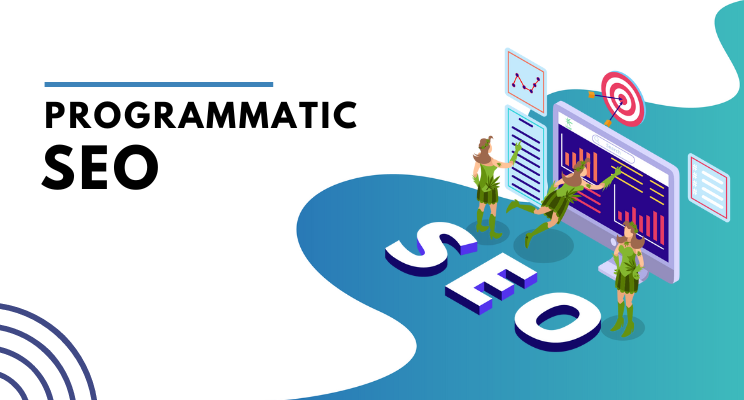 Illustration showing the concept of programmatic SEO with people analyzing graphs and data on a large screen, standing on the letters "SEO"