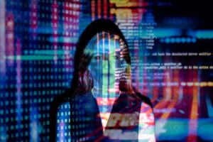 ai search depicted by holographic search algorithms projected on a human