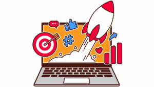 Illustration showing a rocket launching from a laptop with icons like a target, hashtag, thumbs up, and graph—symbolizing digital growth in content marketing vs traditional advertising.