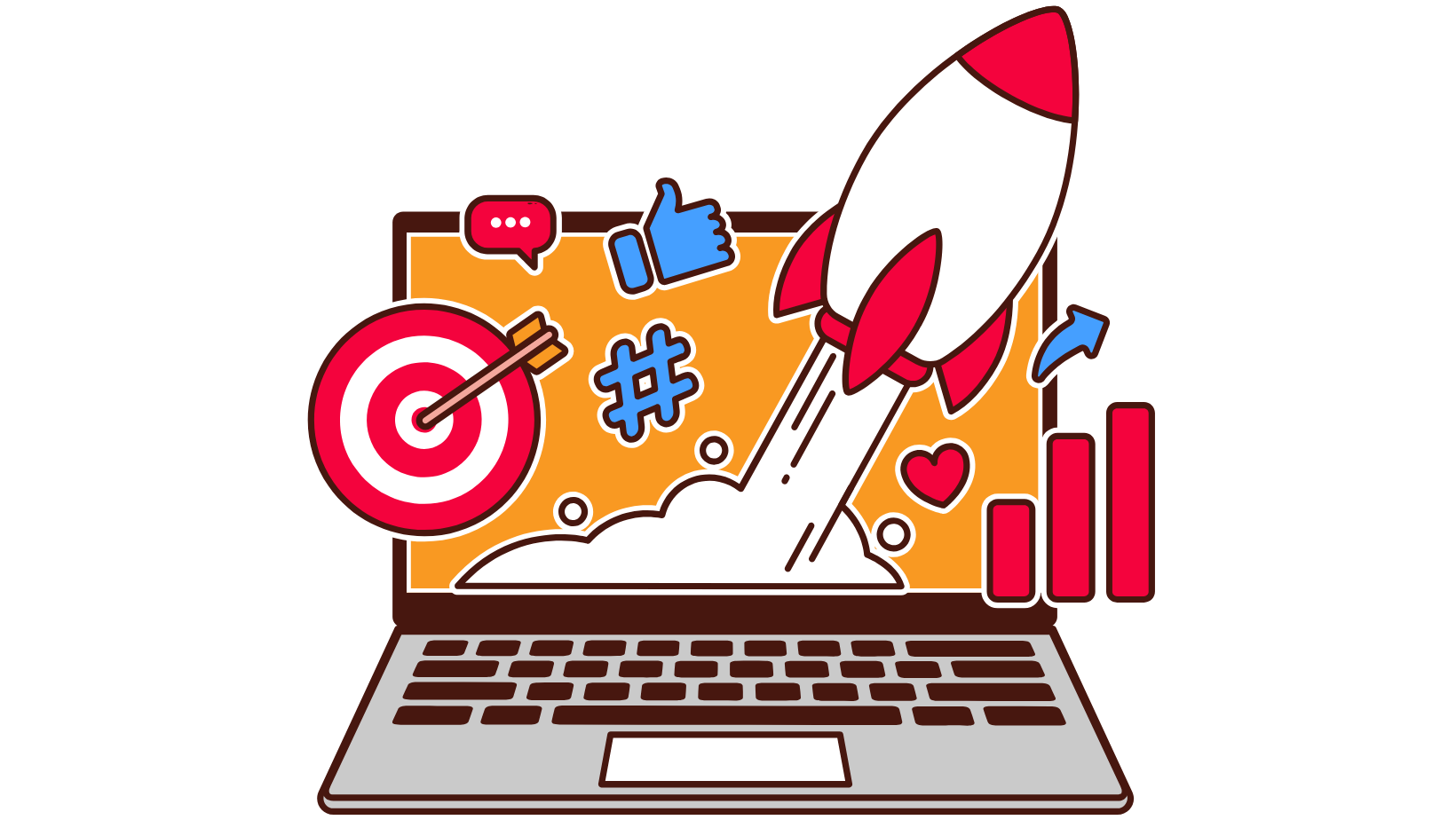 Illustration showing a rocket launching from a laptop with icons like a target, hashtag, thumbs up, and graph—symbolizing digital growth in content marketing vs traditional advertising.