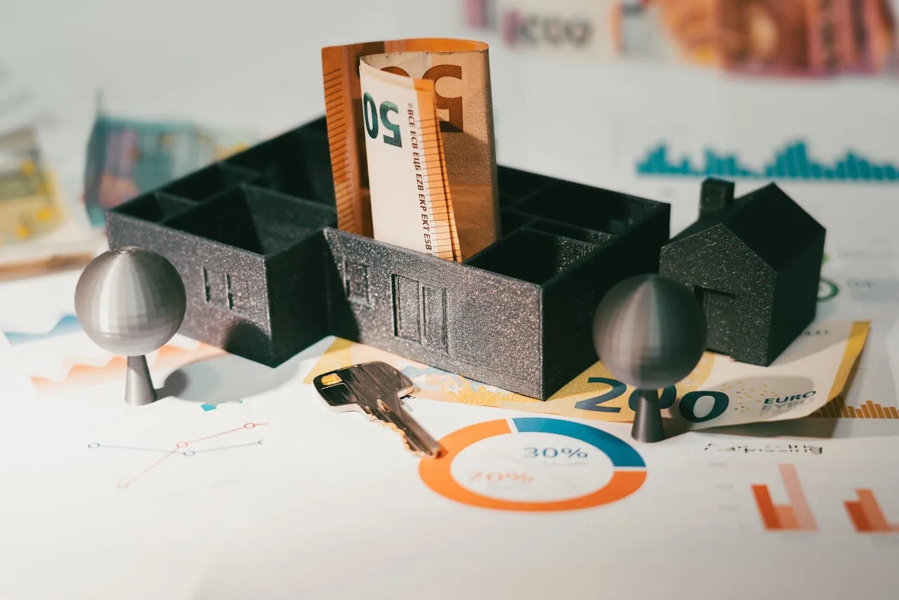 A conceptual image representing content marketing ROI, featuring miniature house models, a euro currency note rolled inside a model building, a metal key, and analytical charts with pie and bar graphs in the background, symbolizing investment returns and financial analysis.