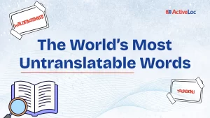 Banner image with the title ‘The World’s Most Untranslatable Words’ featuring examples like Waldeinsamkeit and Tsundoku